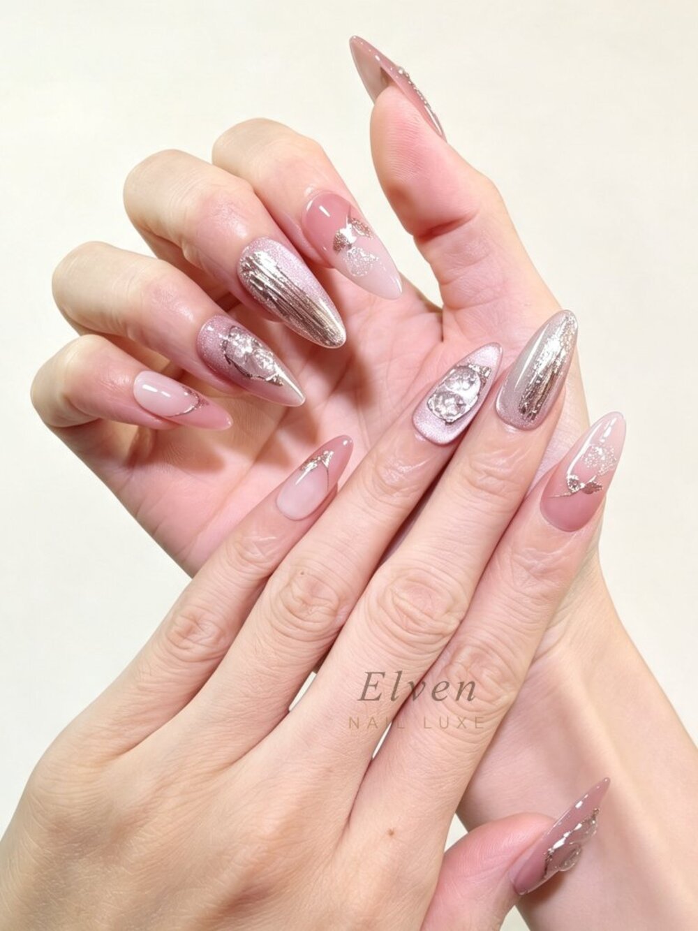 Pink & Rose Gold Cat Eye Floral Almond Shape Handmade Press On Nails Set